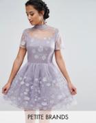 Chi Chi London Petite Mesh High Neck Mini Prom Skater Dress With Floral Metallic Embroidery - Purple