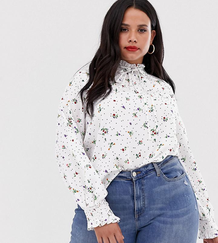 Fashion Union Plus High Neck Blouse In Floral - White