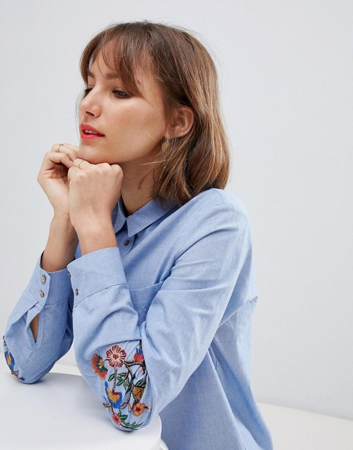 Esprit Oversized Shirt With Embroidered Detailing In Blue - Blue