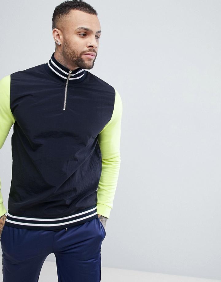 Asos Oversized Woven Half Zip Track Sweatshirt With Contrast Sleeves - Navy