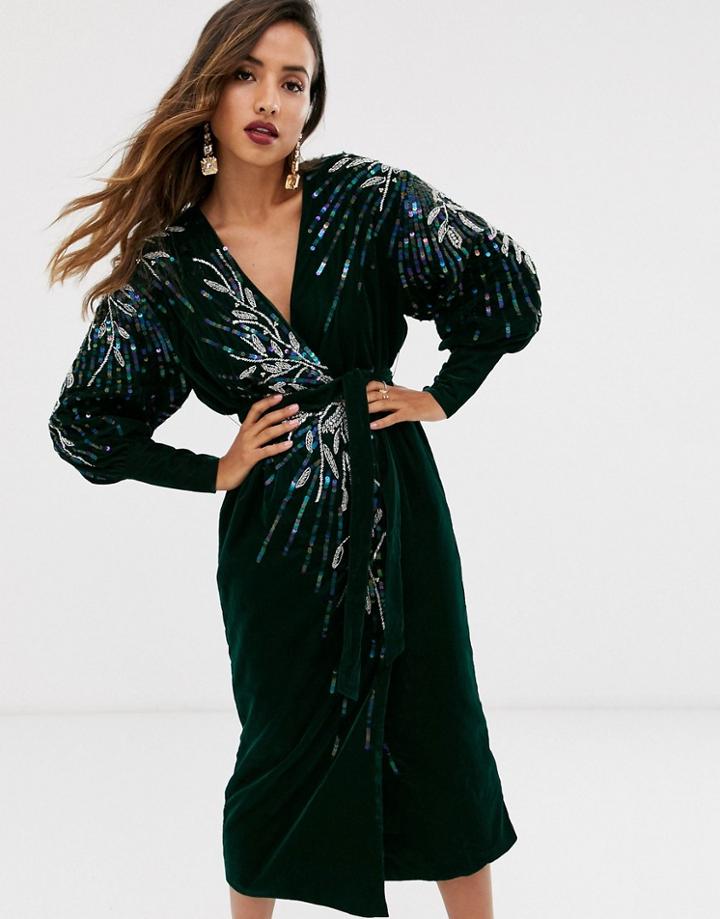 Asos Edition Velvet Wrap Midi Dress With Embellished Placement - Green