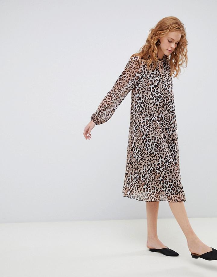 Asos Design Pleated Trapeze Midi Dress In Leopard Print - Multi