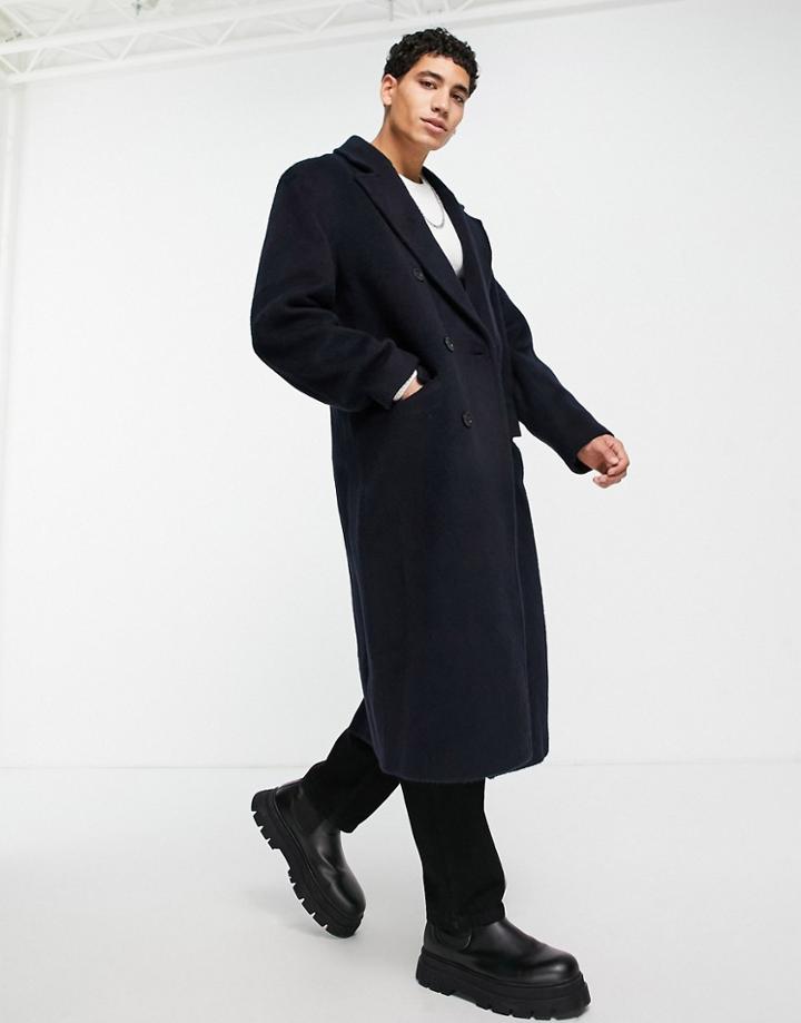 Asos Design Extreme Oversized Longline Wool Mix Textured Coat In Navy