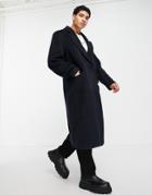 Asos Design Extreme Oversized Longline Wool Mix Textured Coat In Navy