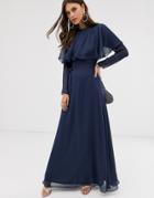 Asos Design Long Sleeve Cape Back Maxi Dress With Tie Waist - Blue