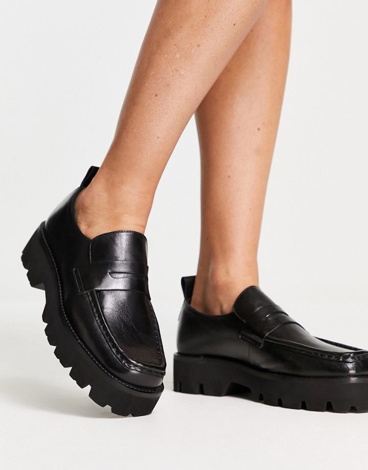 Asra Farrel Leather Chunky Square Toe Loafers In Black