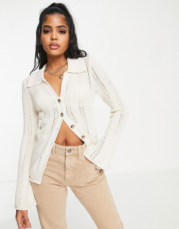 Asos Design Collared Cardigan With Pointelle Stitch In Cream-white