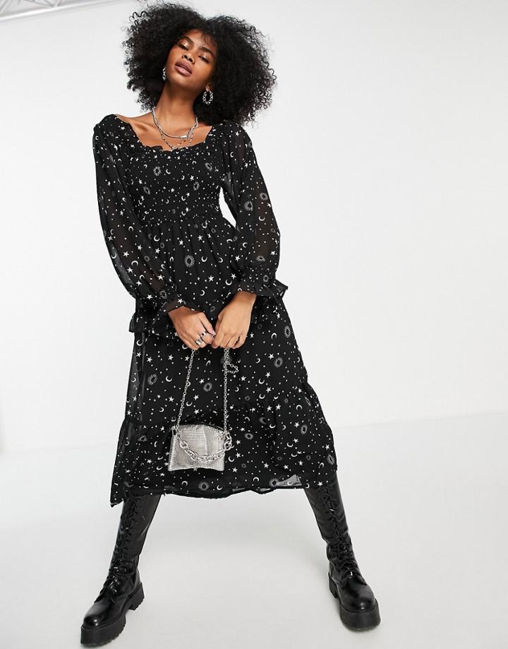 Violet Romance Shirred Square Neck Midi Dress In Celestial Print-black
