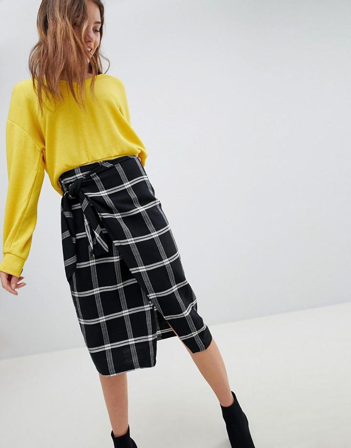 Bershka Check Wrap Midi Skirt With Tie Waist - Multi