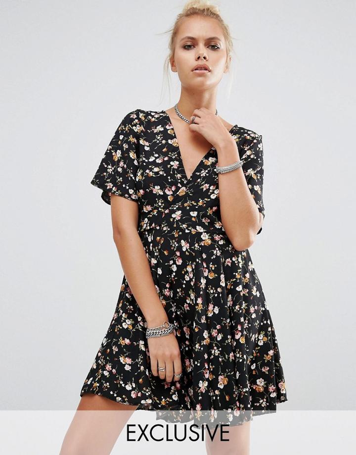 Milk It Vintage Wrap Front Tea Dress In 90s Ditsy Floral Print - Multi
