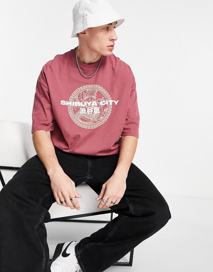 Asos Design Oversized T-shirt With Front Shibuya City Print In Red