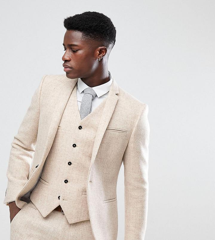 Noak Skinny Suit Jacket In Harris Tweed - Beige