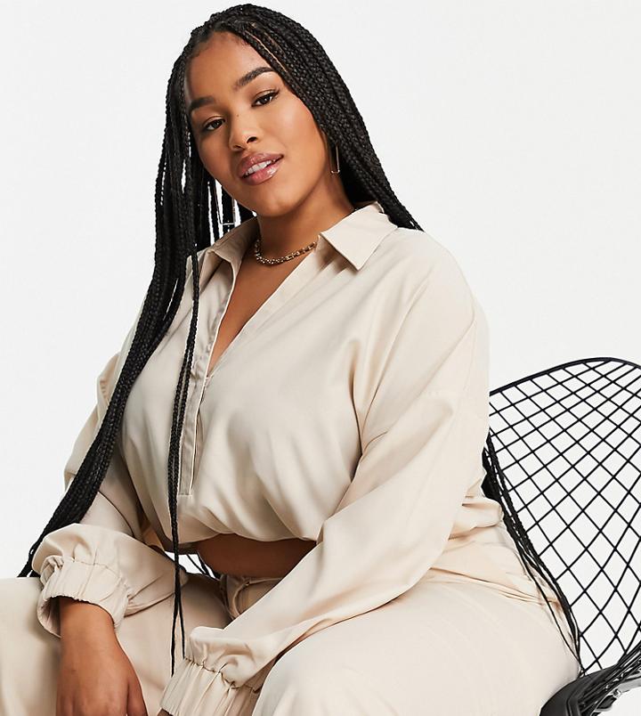 In The Style Plus Crop Balloon Sleeve Shirt In Cream - Part Of A Set-white