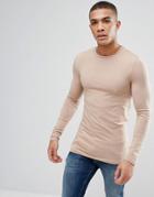 Asos Design Longline Muscle Fit T-shirt With Long Sleeves - Beige
