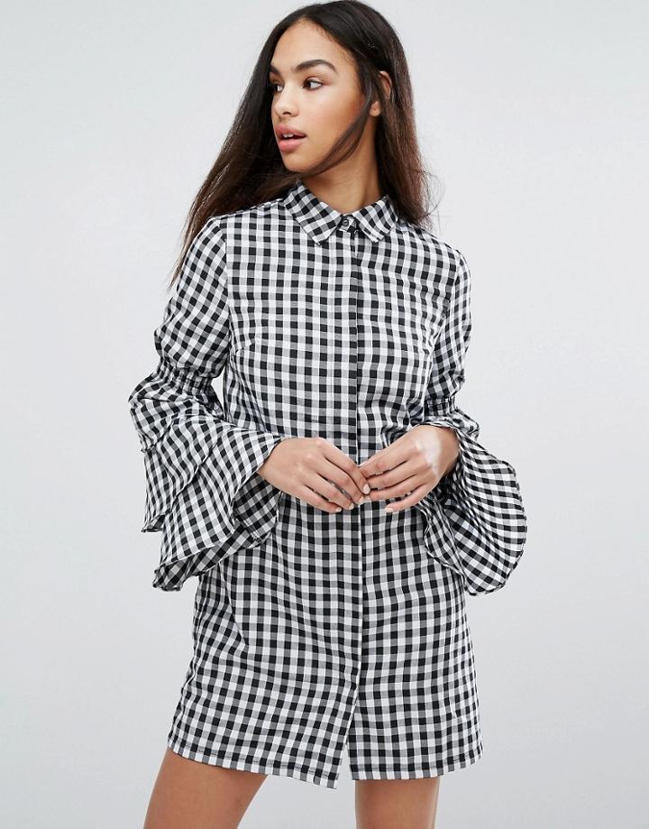 Missguided Gingham Tiered Sleeve Shirt Dress - Multi