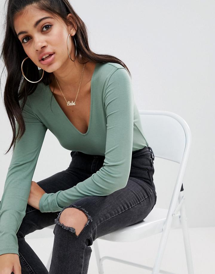 Asos Design Ultimate Top With Long Sleeve And V-neck In Khaki - Green