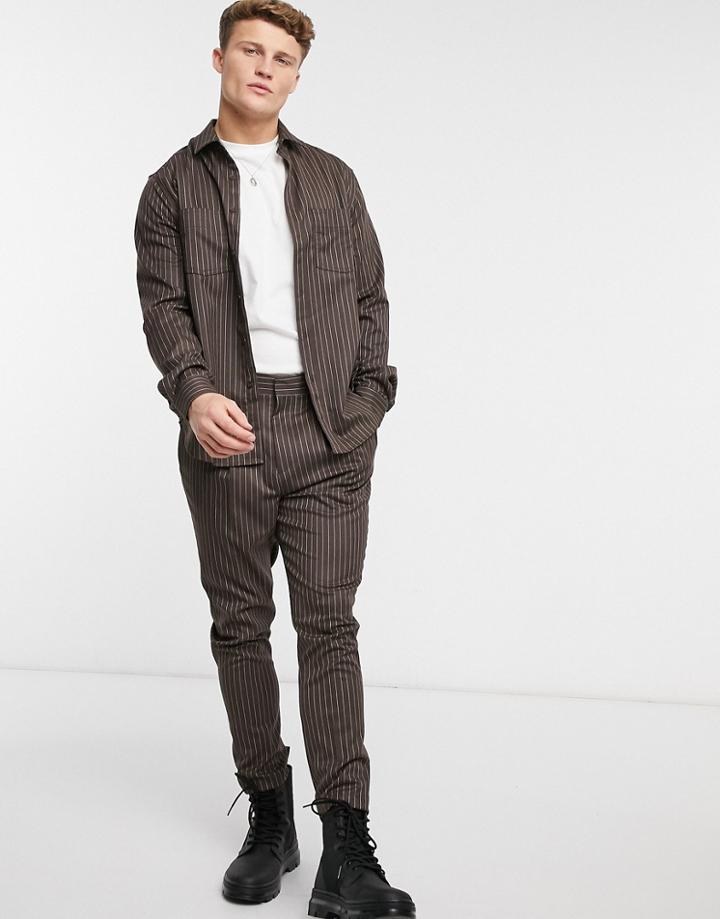 Asos Design Tapered Smart Pants In Charcoal Pinstripe-brown
