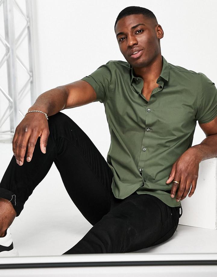 New Look Short Sleeve Poplin Shirt In Dark Khaki-green