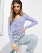 Monki Monika Organic Cotton Ruched Front Long Sleeve Top In Light Blue-blues