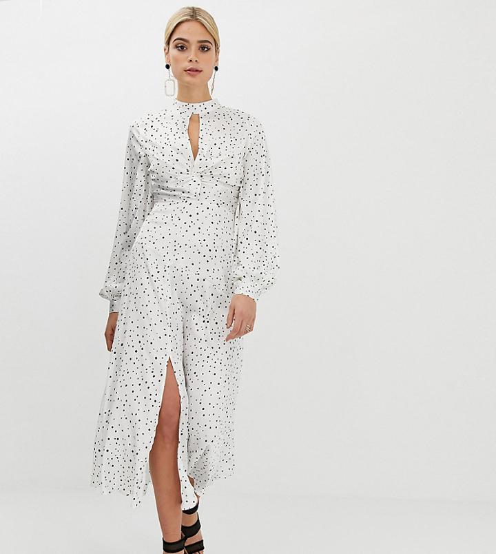 Asos Design Tall High Neck Twist Front 70s Sleeve Midi Dress In Spot-multi