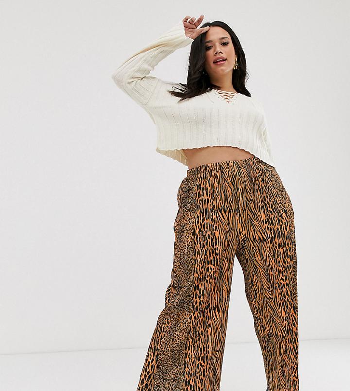 Asos Design Curve Plisse Culotte In Mixed Animal Print - Multi