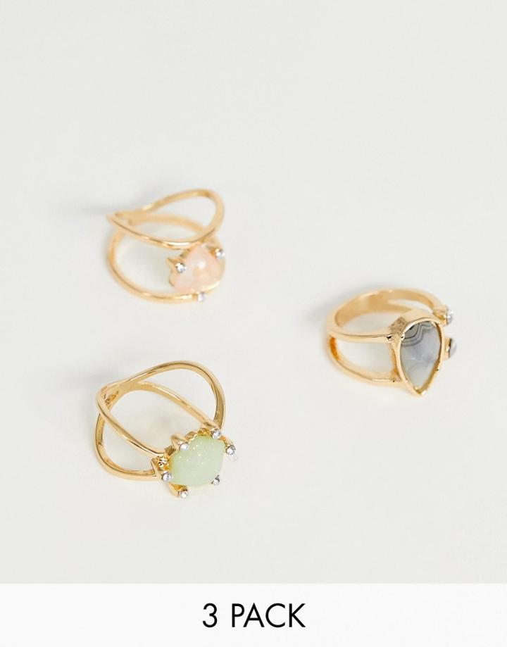 Asos Design Pack Of 3 Rings With Pastel Stones And Crystal Details In Gold Tone - Gold