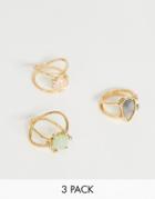 Asos Design Pack Of 3 Rings With Pastel Stones And Crystal Details In Gold Tone - Gold
