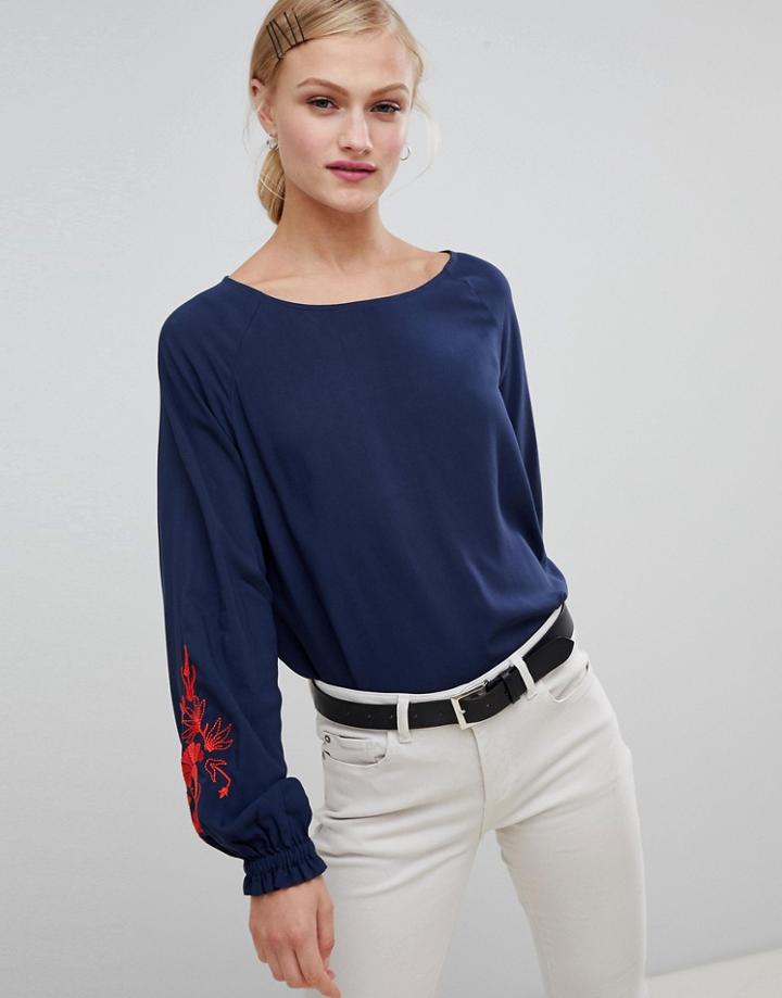 Jdy Embriodered Sleeve Top - Navy
