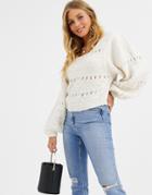 Asos Design Stitch Detail Square Neck Sweater With Volume Sleeve-cream