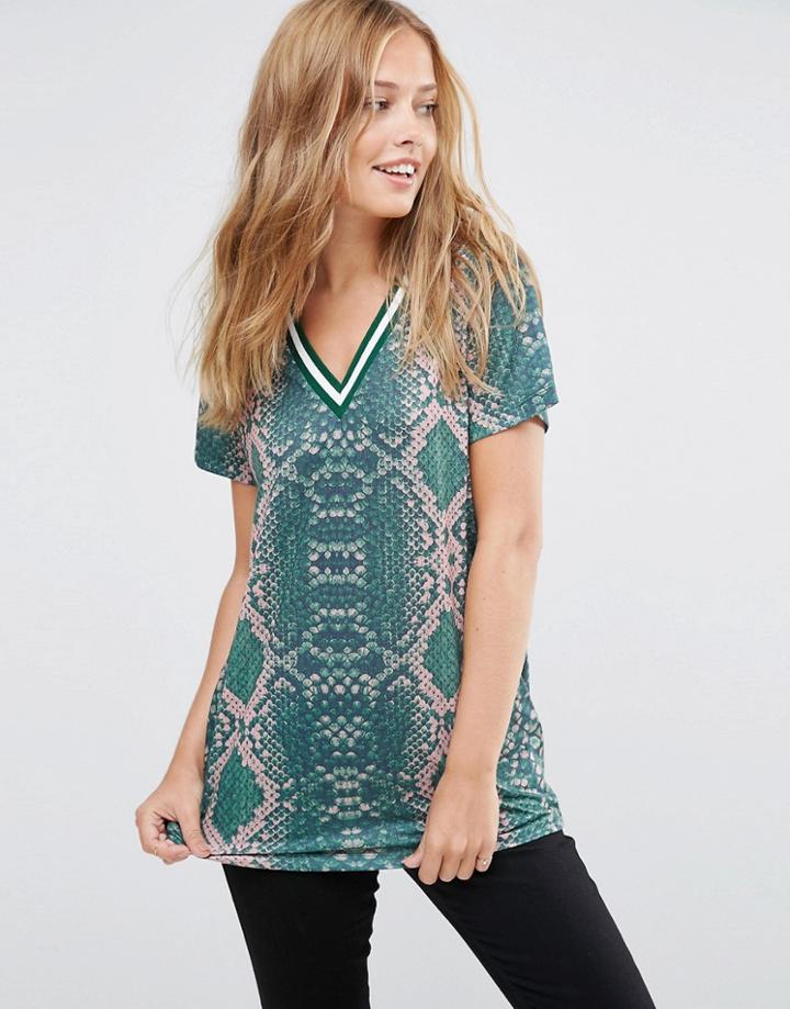 Asos T-shirt In Bright Snake Print With Stripe Tipping In Longline - M