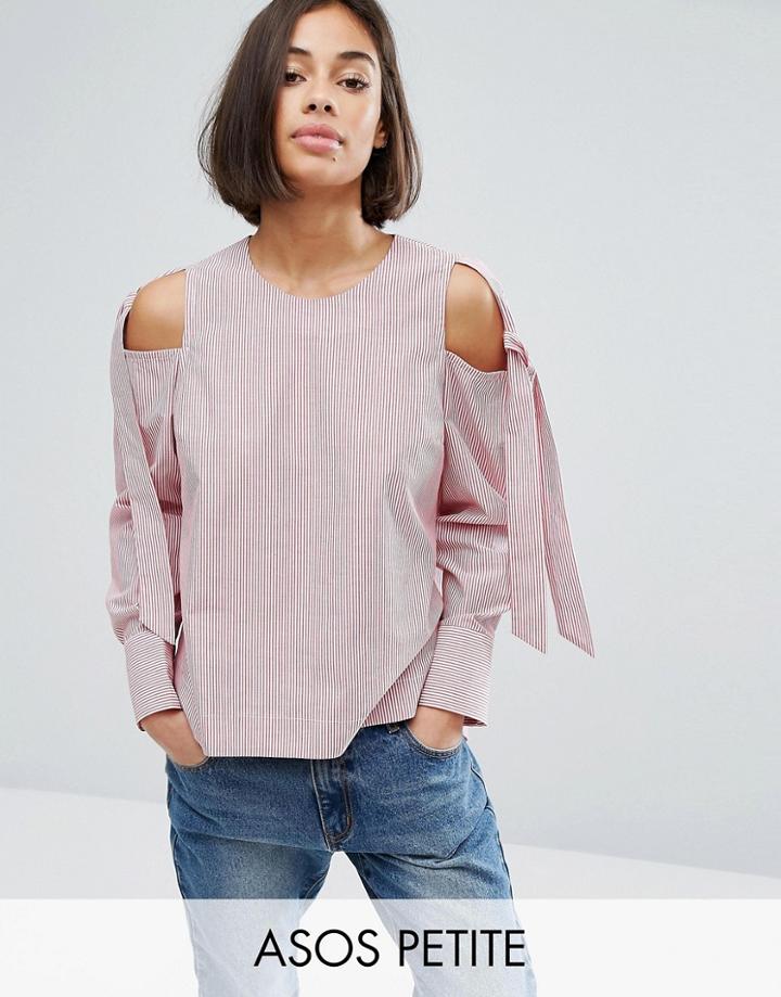 Asos Petite Cold Shoulder Top In Red Cotton Stripe - Multi