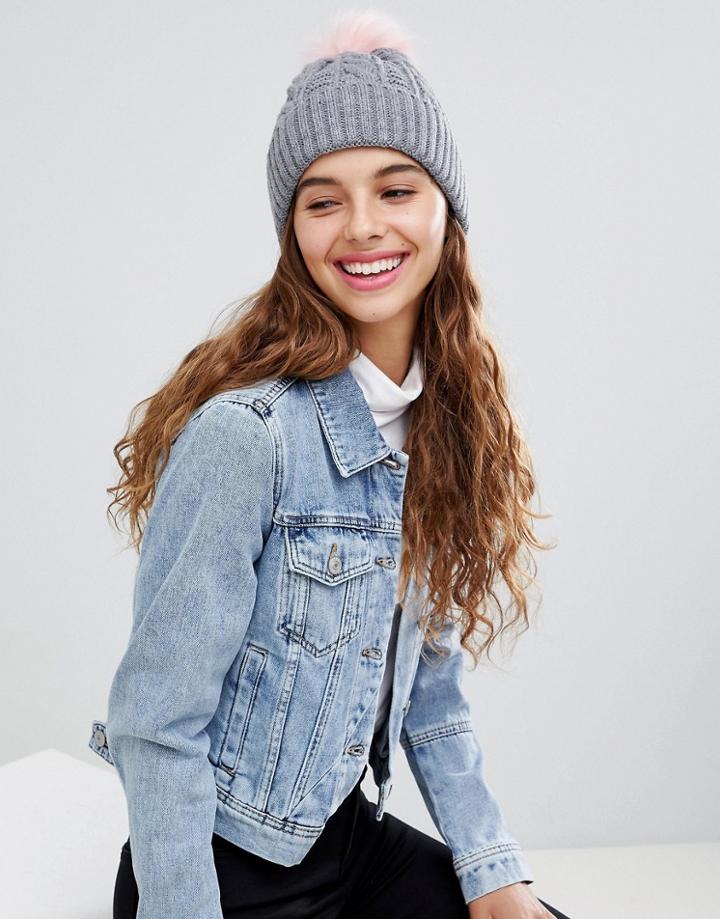 7x Knitted Beanie Hat With Pom Pom - Gray