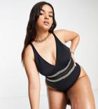 River Island Plus High Apex Swimsuit In Black