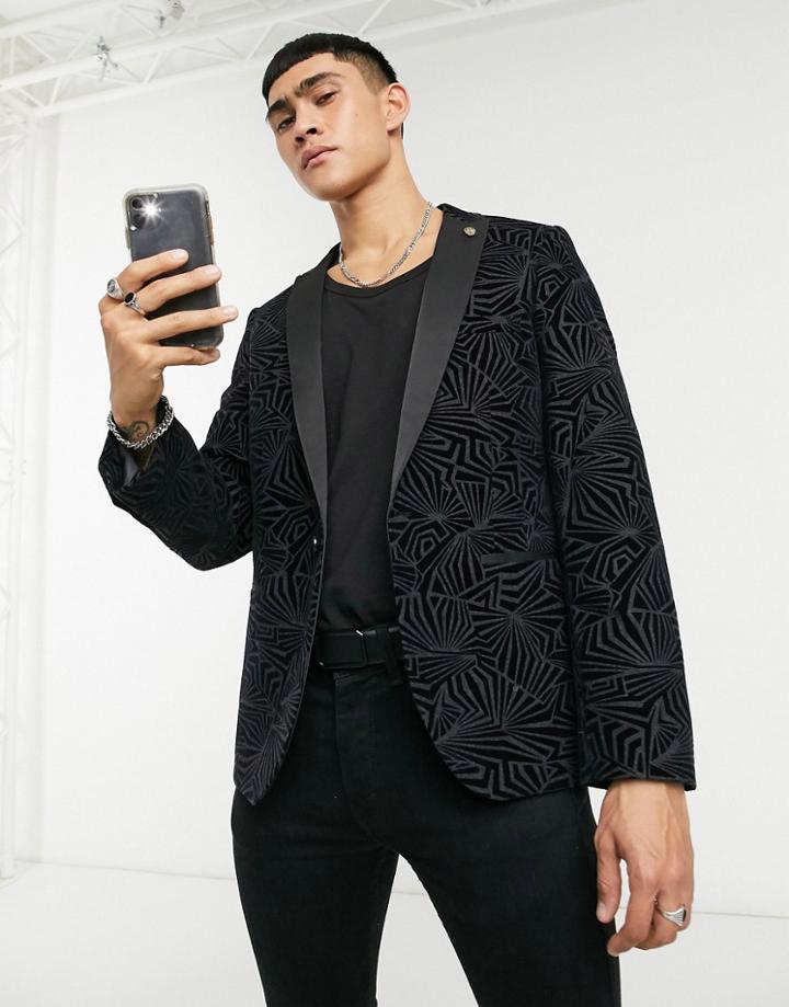 Twisted Tailor Suit Jacket With Satin Lapel In Black Deco Print