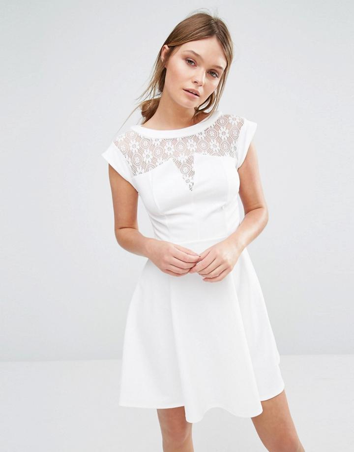 New Look Lace Yoke Scuba Skater Dress - White