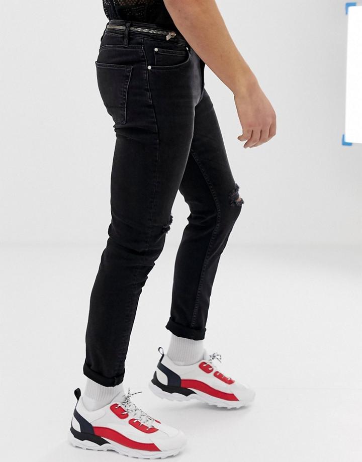 Asos Design Skinny Jeans In Washed Black With Zipped Waistband - Black