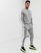 Asos Design Tracksuit Crew/skinny Jogger With Side Stripe In Gray Marl