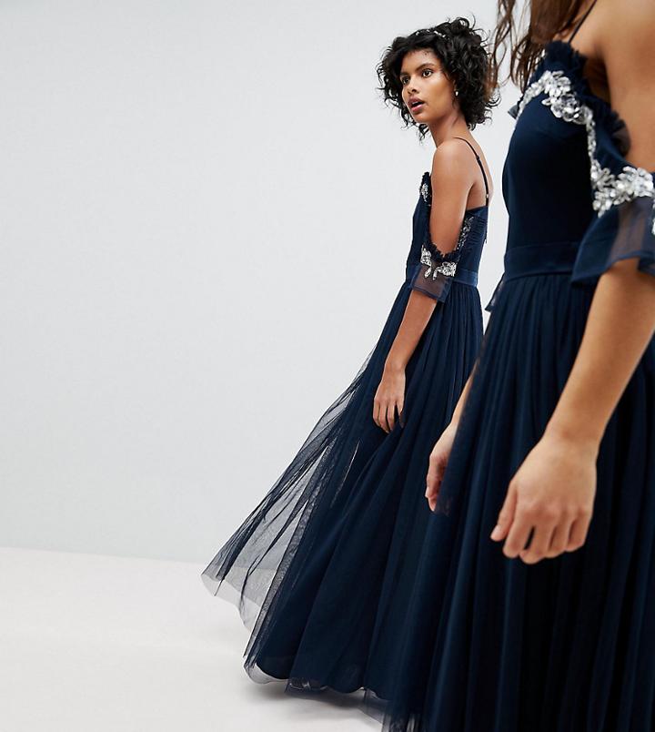 Maya Cold Shoulder Sequin Detail Tulle Maxi Dress With Ruffle Detail - Navy
