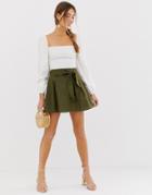 Asos Design Tie Front Mini Skirt In Cotton - Green