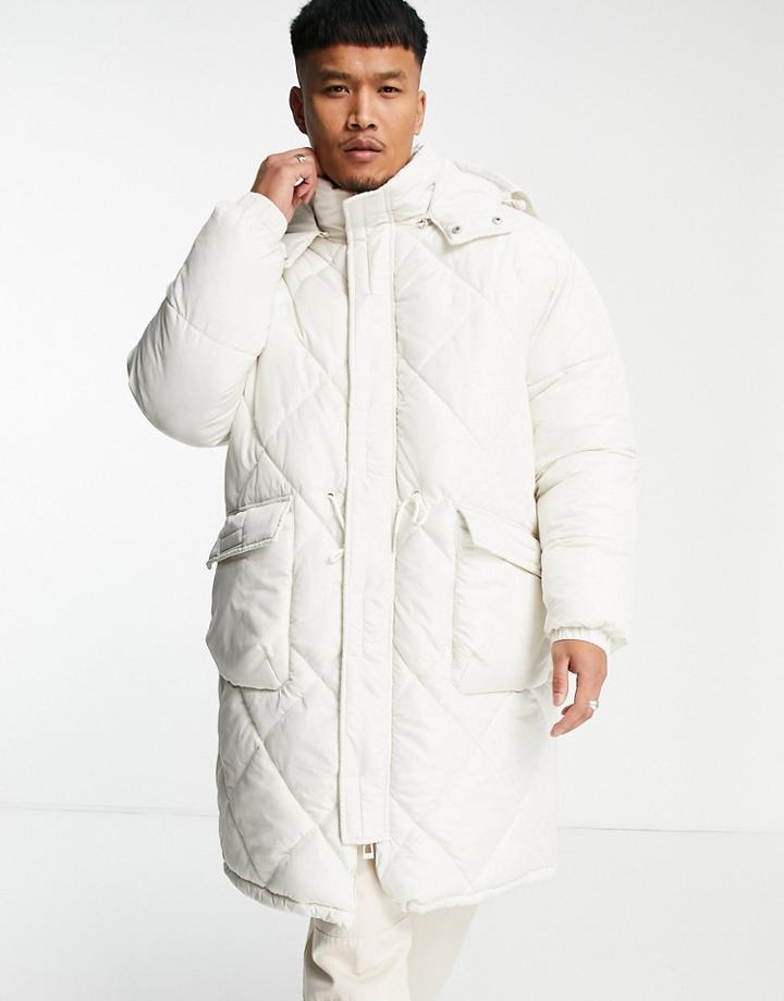 Topman Quilted Parka With Detachable Hood In Off White