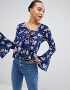 Boohoo Fluted Sleeve Blouse In Floral - Blue