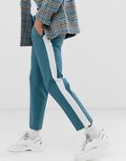 Asos Design Slim Crop Smart Pants In Teal Blue With Off White Side Stripe - Blue