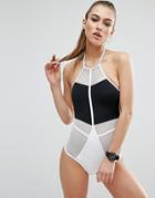 Asos Mono Fishnet Zip High Neck Swimsuit - White