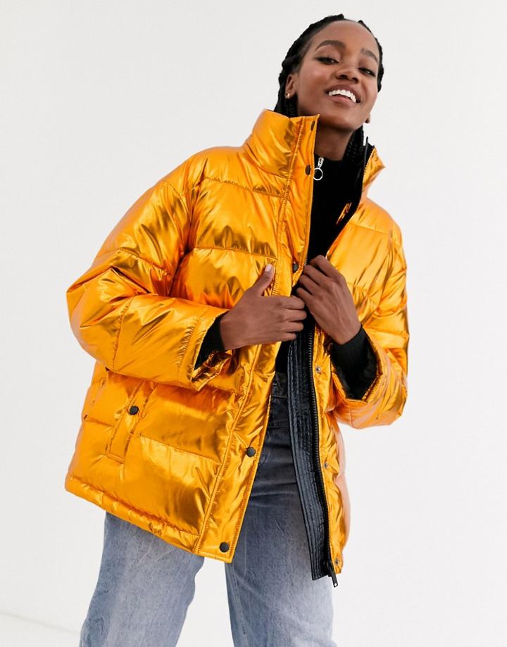 Asos Design Foiled Puffer Jacket In Copper