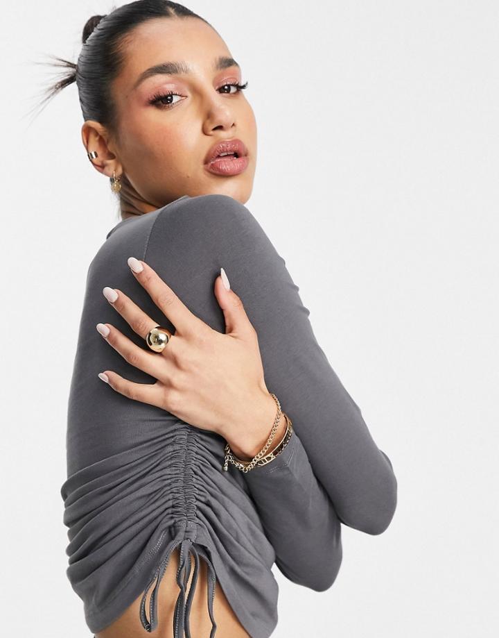 Asos Design Fitted Top With Ruched Side In Washed Charcoal-grey