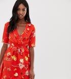 Influence Tall Floral Wrap Dress With Tie Sleeve And Ruffle In Red - Red