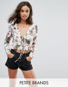 Missguided Petite Floral Tie Front Crop Top With Frill Hem - Cream