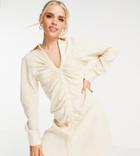 Missguided Petite Ruched Front Shirt Mini Dress In Cream-white