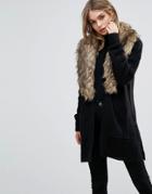 Brave Soul Hawk Cardigan With Detachable Fur Collar - Black