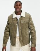 Topman Corduroy Jacket With Teddy Collar In Olive-green